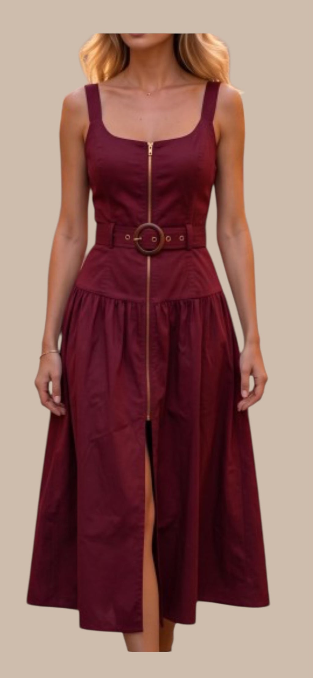 Holiday Capsule 2026 — MINAMIST Red Mahogany Zip‑Front Midi Dress | Structured 