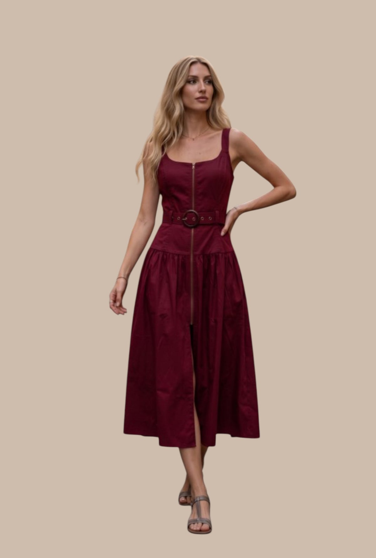 Holiday Capsule 2026 — MINAMIST Red Mahogany Zip‑Front Midi Dress | Structured 