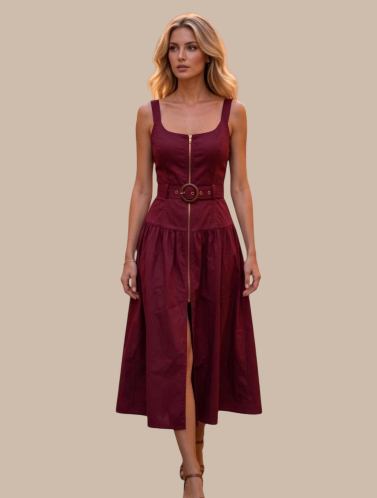 Holiday Capsule 2026 — MINAMIST Red Mahogany Zip‑Front Midi Dress | Structured 