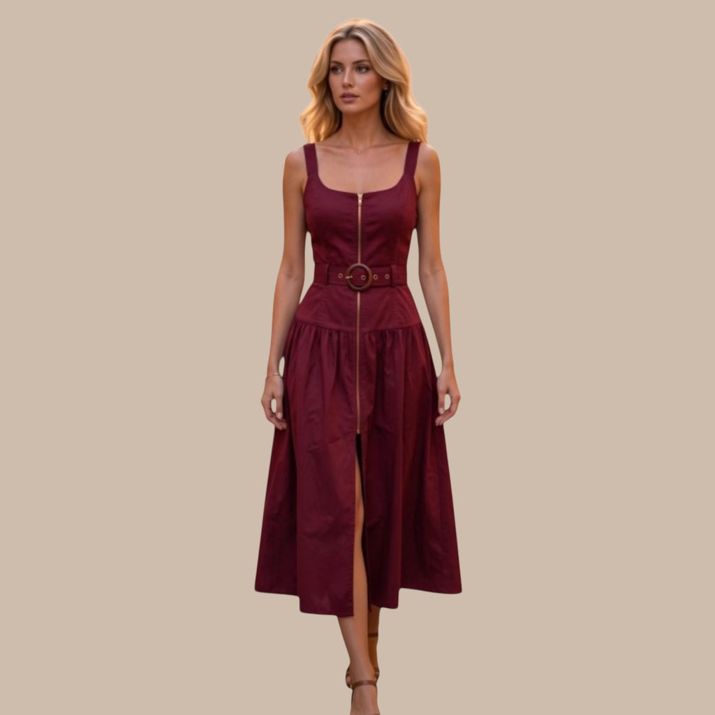 Holiday Capsule 2026 — MINAMIST Red Mahogany Zip‑Front Midi Dress | Structured 