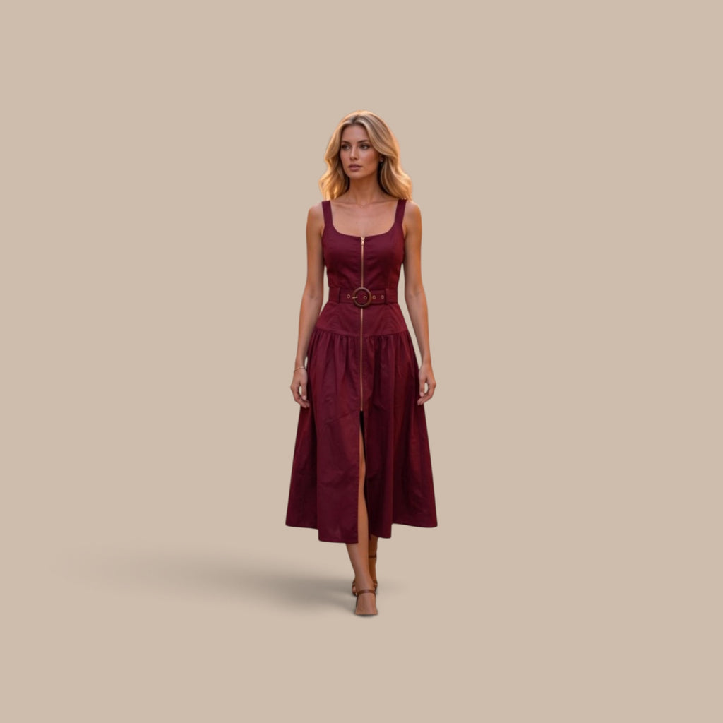 Holiday Capsule 2026 — MINAMIST Red Mahogany Zip‑Front Midi Dress | Structured 