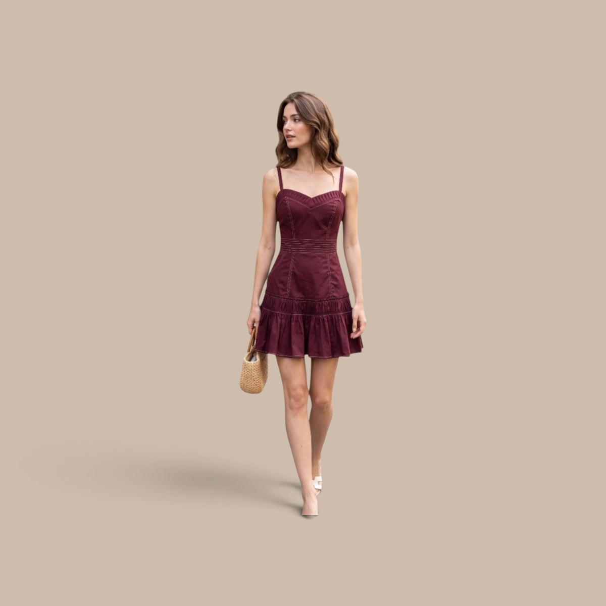 Minamist 2026 Holiday Capsule Pleated Sweetheart Ruffle Mini Dress – Burgundy