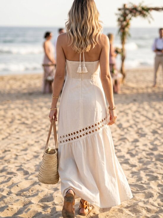 Holiday Capsule 2026 — MINAMIST Cream Cut‑Out Halter Midi Dress | Linen‑Viscose