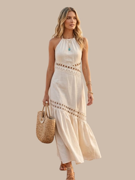 Holiday Capsule 2026 — MINAMIST Cream Cut‑Out Halter Midi Dress | Linen‑Viscose