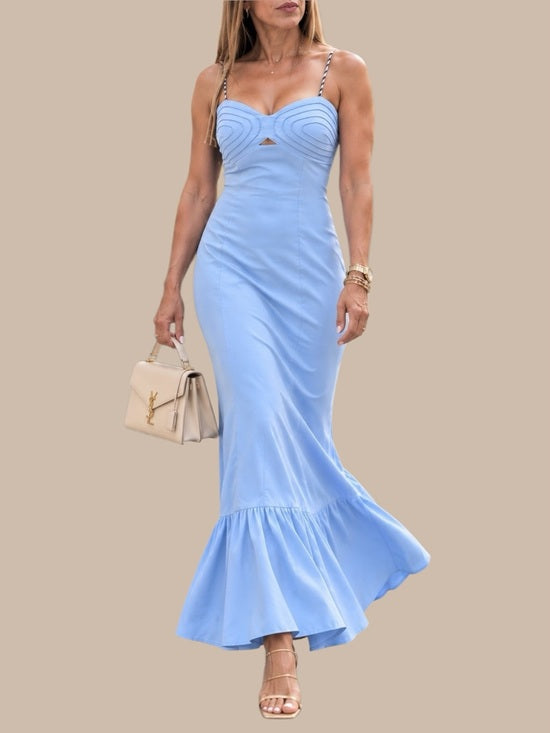 Light Blue Corset-Inspired Maxi Dress with Braided Straps