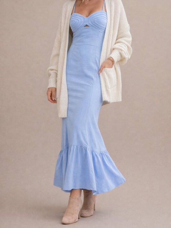 Light Blue Corset-Inspired Maxi Dress with Braided Straps