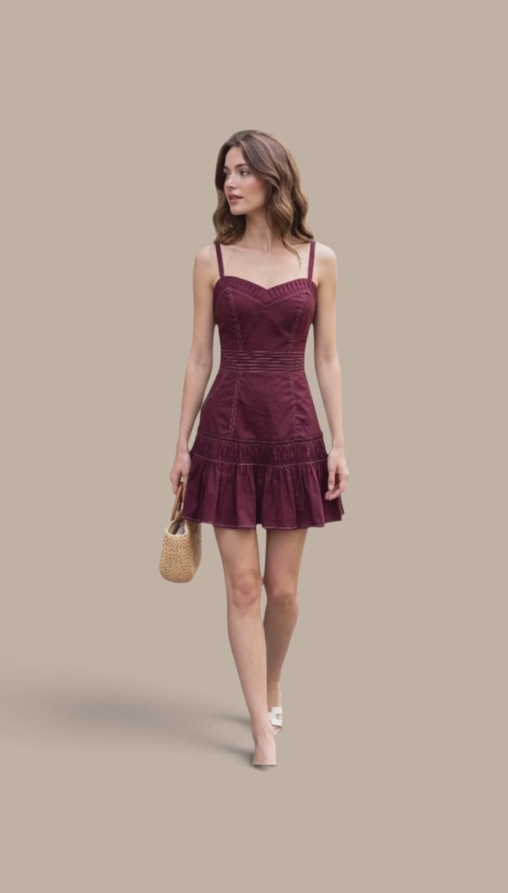 Minamist 2026 Holiday Capsule Pleated Sweetheart Ruffle Mini Dress – Burgundy