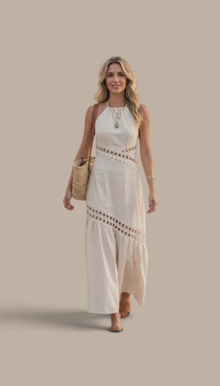 Holiday Capsule 2026 — MINAMIST Cream Cut‑Out Halter Midi Dress | Linen‑Viscose