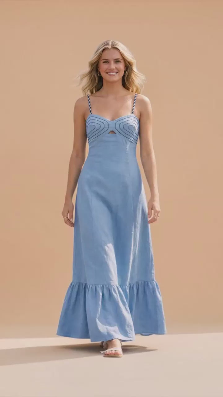 Light Blue Corset-Inspired Maxi Dress with Braided Straps