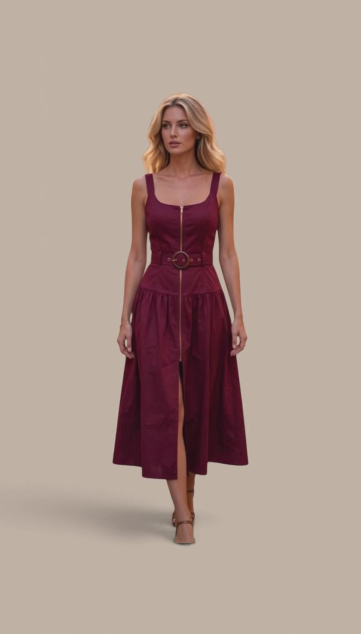 Holiday Capsule 2026 — MINAMIST Red Mahogany Zip‑Front Midi Dress | Structured 